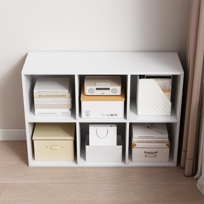 Bibliotecă 6 cuburi 90 cm – albă, MDF, raft 2x3 pentru living/birou