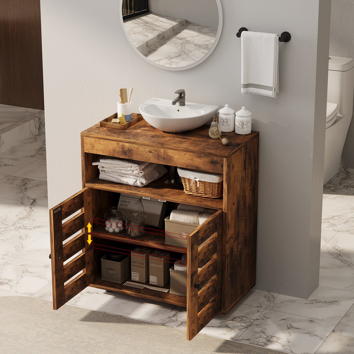 Masca Chiuveta Baie din MDF 60 cm, Dulap sub Lavoar Maro Rustic cu Usi