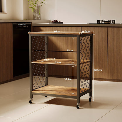 Carucior de Bucatarie Mobil pe Roti Stil Loft Maro Inchis si Metal, 60x40x89 cm