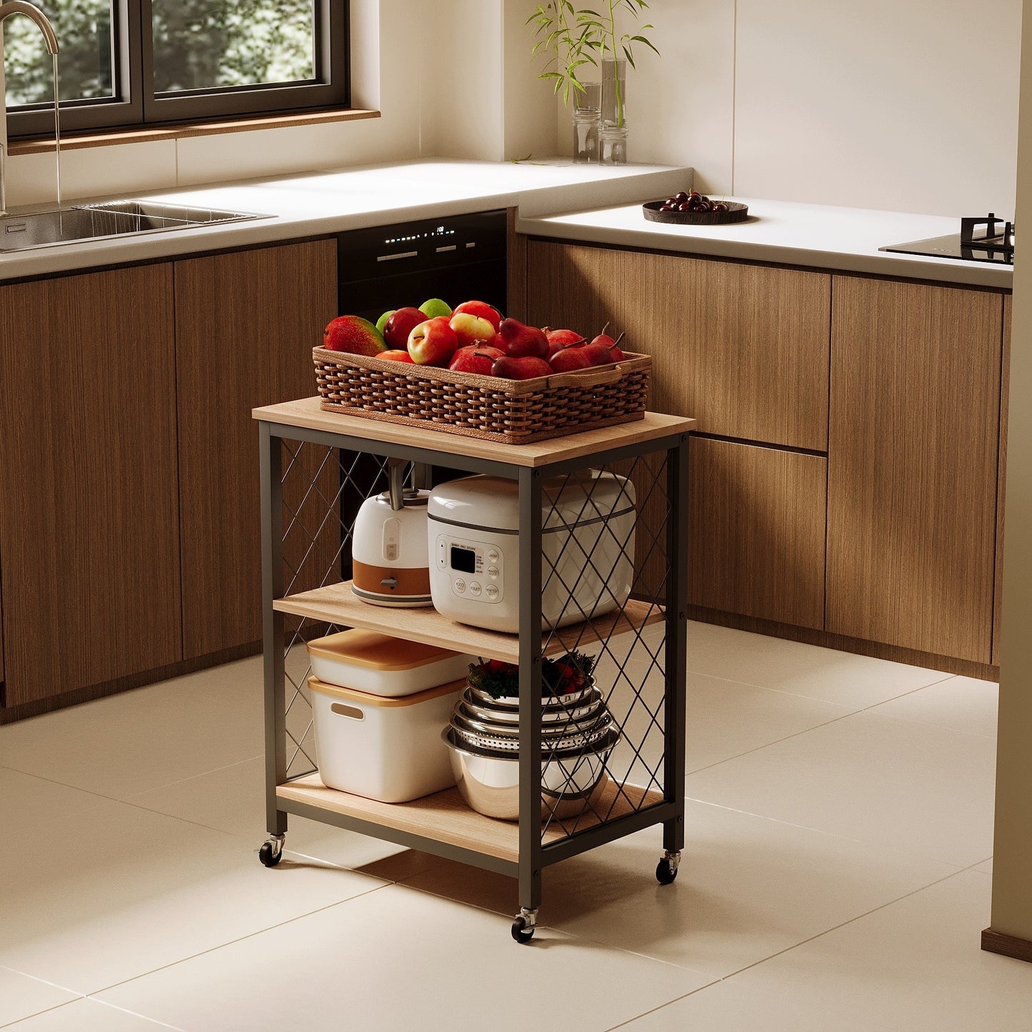 Carucior de Bucatarie Mobil pe Roti Stil Loft Maro Deschis si Metal, 60x40x89 cm