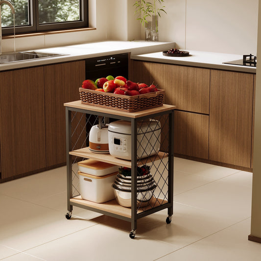 Carucior de Bucatarie Mobil pe Roti Stil Loft Maro Deschis si Metal, 60x40x89 cm