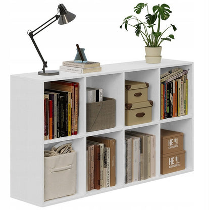 Etajeră Compartimentată 8 Cuburi 130cm – Bibliotecă Joasă Albă 4x2
