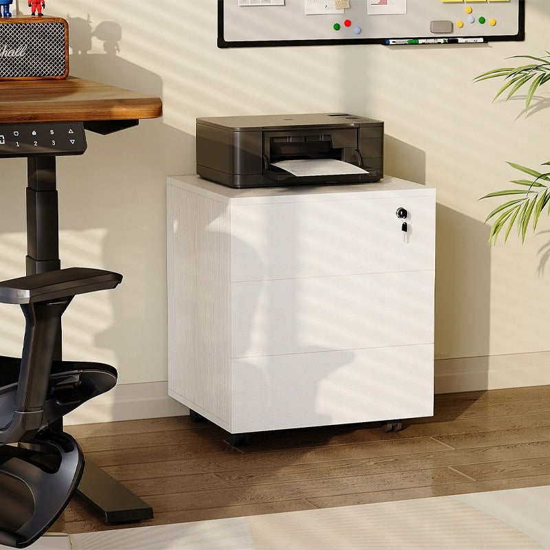 Container Mobil de Birou din MDF Alb cu Sertare si Incuietoare, 45x40x58 cm