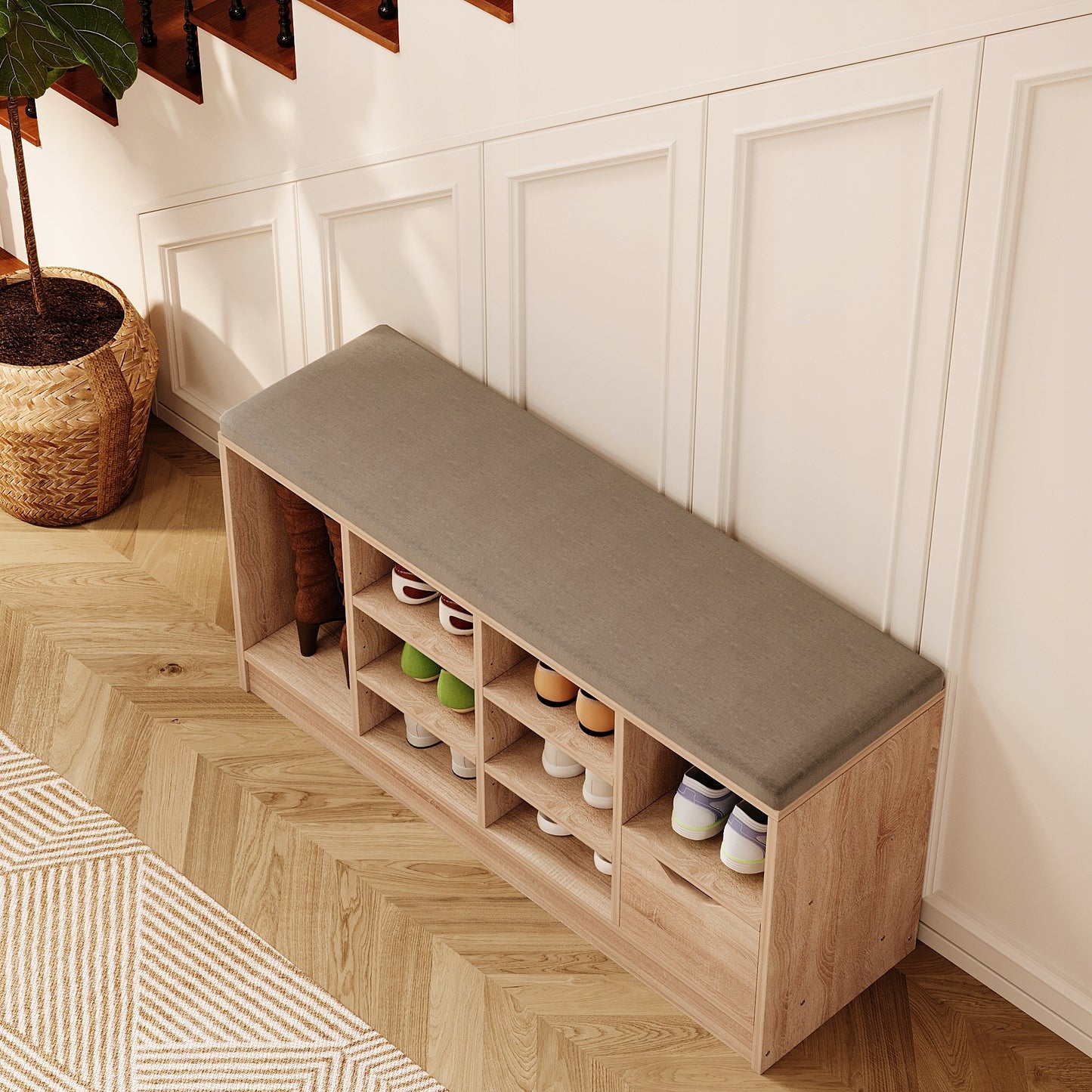 Banca pentru Hol cu Pantofar si Sezut Tapitat, Stejar Sonoma Stil Loft, 100x30x50 cm