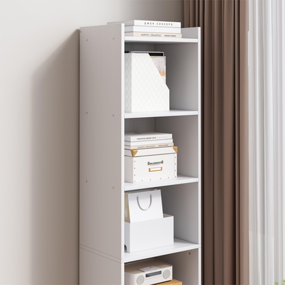 Bibliotecă verticală 180 cm – albă, 7 compartimente, MDF, pentru living/birou