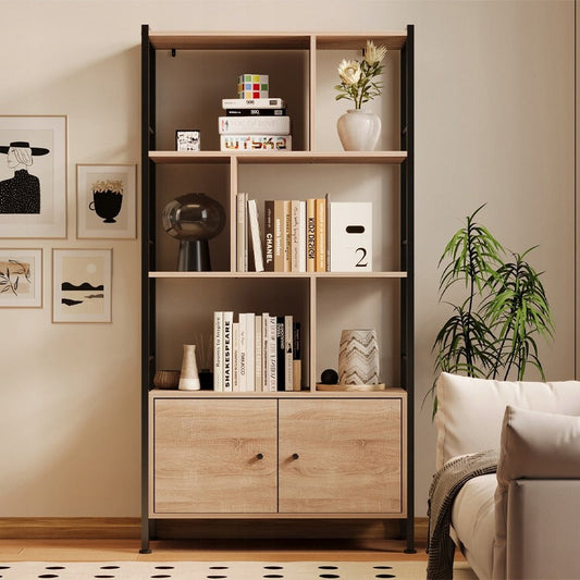 Biblioteca Stil Loft 155 cm, Rafturi Deschise si Dulapuri, MDF si Metal, 74x30 cm