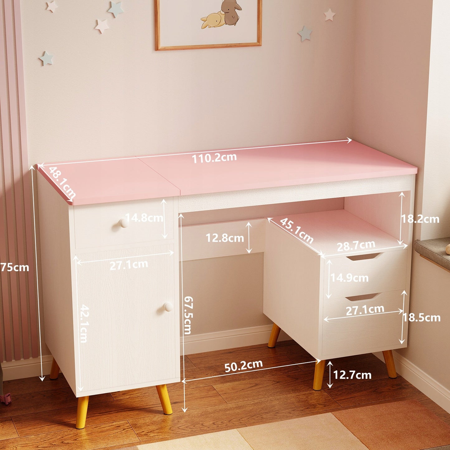 Birou Tineret Stil Scandinav Roz si Alb, Masa de Studiu din Lemn si MDF, 110 cm