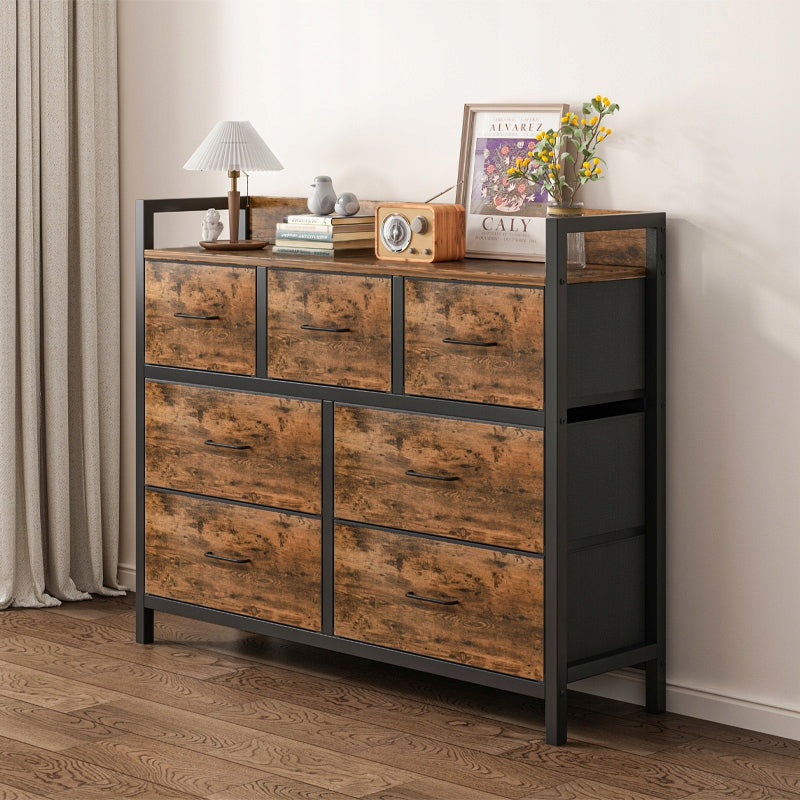 Dulap comodă 7 sertare 98 cm – maro rustic, MDF, cadru metalic, design loft