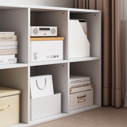 Bibliotecă 6 cuburi 90 cm – albă, MDF, raft 2x3 pentru living/birou