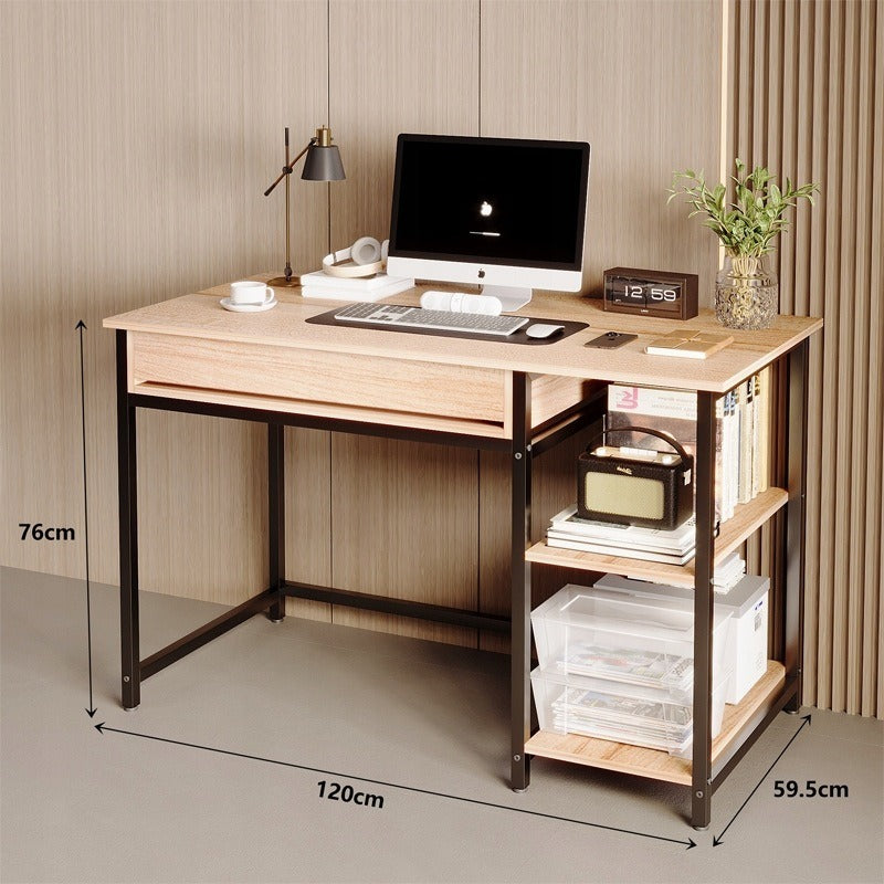 Birou Computer Stil Industrial Loft cu Sertare, Stejar Deschis si Cadru Metalic Negru, 120x60x76 cm