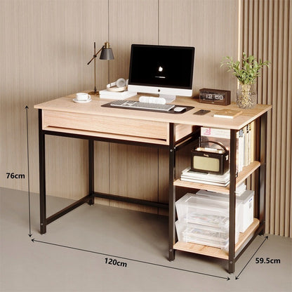 Birou Computer Stil Industrial Loft cu Sertare, Stejar Deschis si Cadru Metalic Negru, 120x60x76 cm