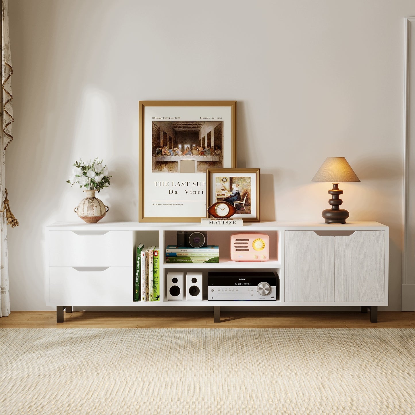 Comoda TV Stil Scandinav Alb Mat cu Sertare si Ușa, Stand TV Living, 140x30x41 cm
