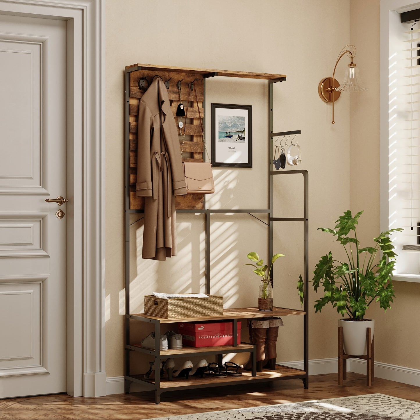 Cuier Hol Stil Industrial Loft cu Banca si Pantofar, Metal si Lemn, 100x40x186 cm