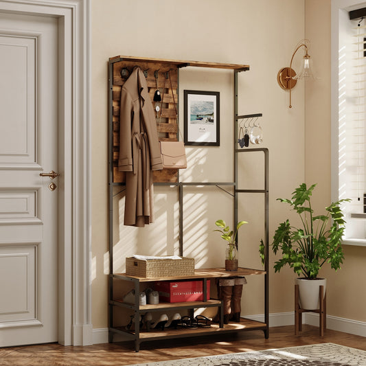 Cuier Hol Stil Industrial Loft cu Banca si Pantofar, Metal si Lemn, 100x40x186 cm