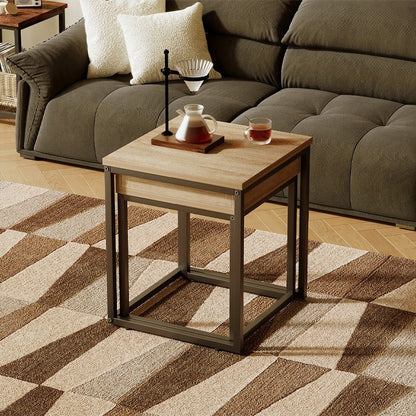 Set Masute de Cafea 2 in 1 Stil Loft, Maro Deschis si Metal Negru, din MDF