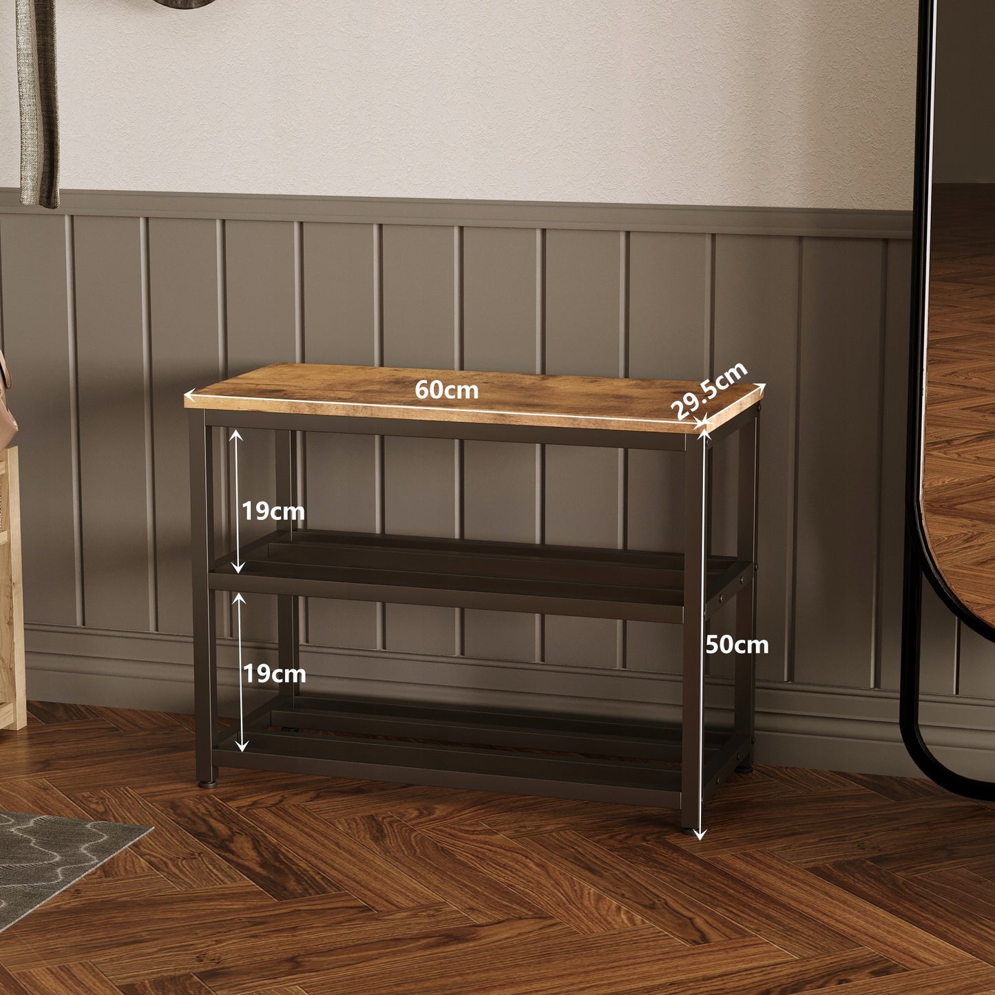Banca pentru Hol cu Pantofar Stil Industrial Loft, Maro Rustic si Metal, 60x30x50 cm