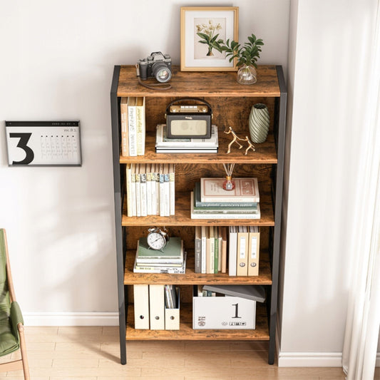 Bibliotecă loft 155 cm – MDF lemn rustic + cadru metalic, 5 polițe
