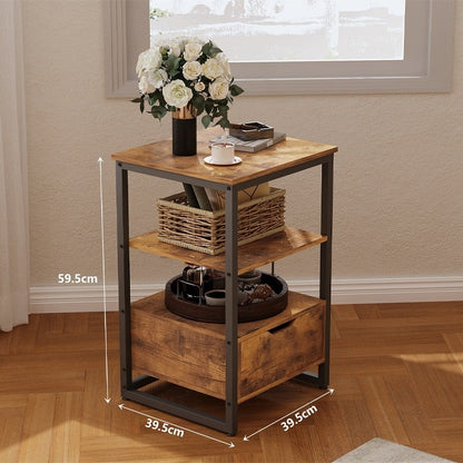 Noptiera Dormitor Stil Loft Retro din MDF Maro Inchis cu Sertar si 2 Rafturi, 40x40x60 cm