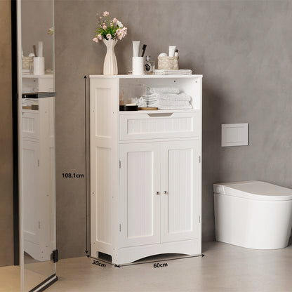 Dulap Independent de Baie cu 1 Usa si 1 Sertar, Alb din MDF, 60x30x108 cm