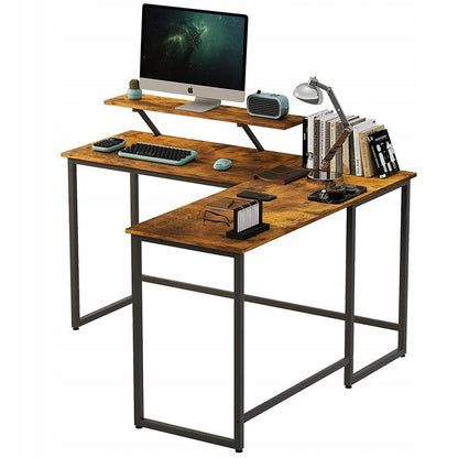 Birou de Colt pentru Calculator cu Raft, Maro Rustic si Metal, Stil Loft, 130 cm