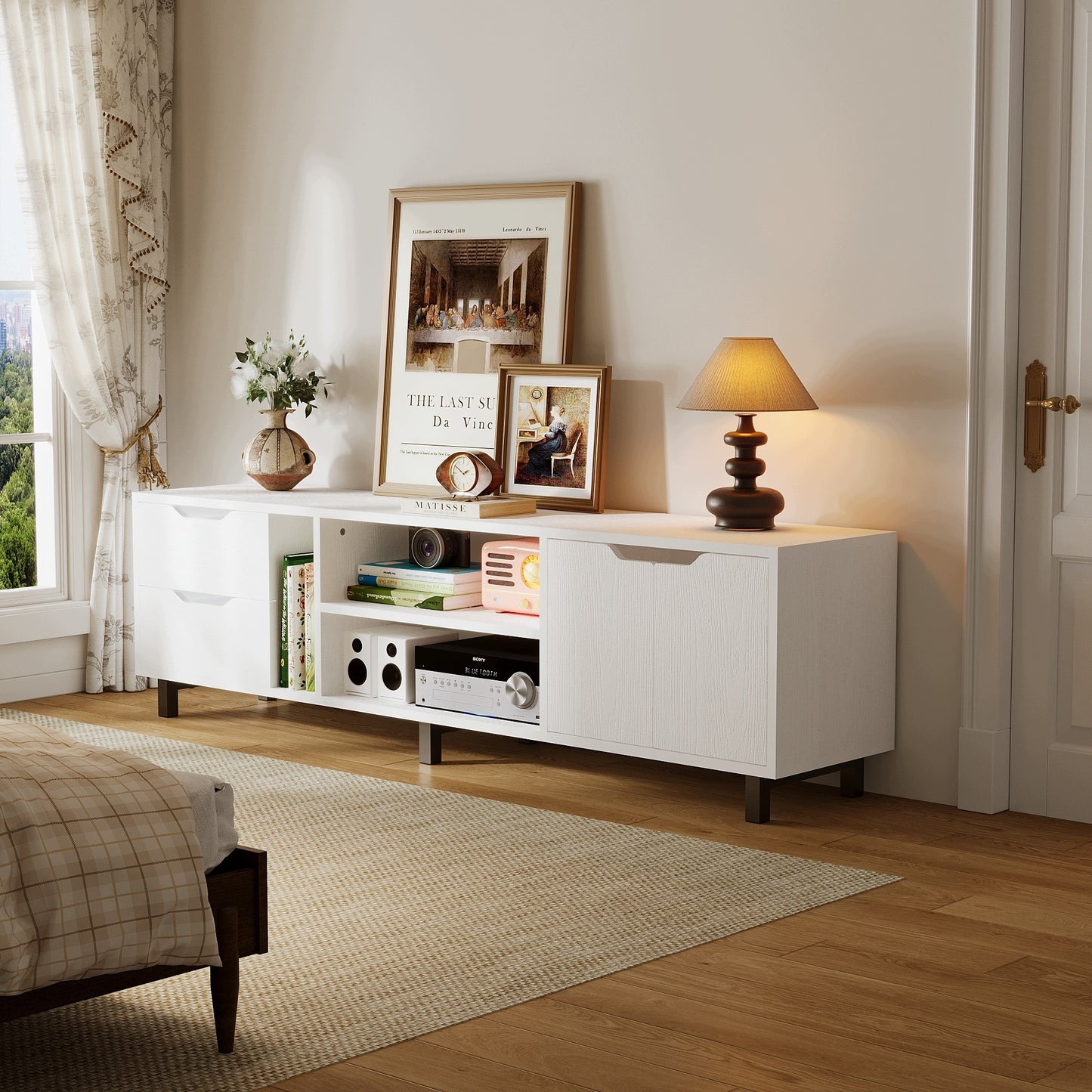 Comoda TV Stil Scandinav Alb Mat cu Sertare si Ușa, Stand TV Living, 140x30x41 cm