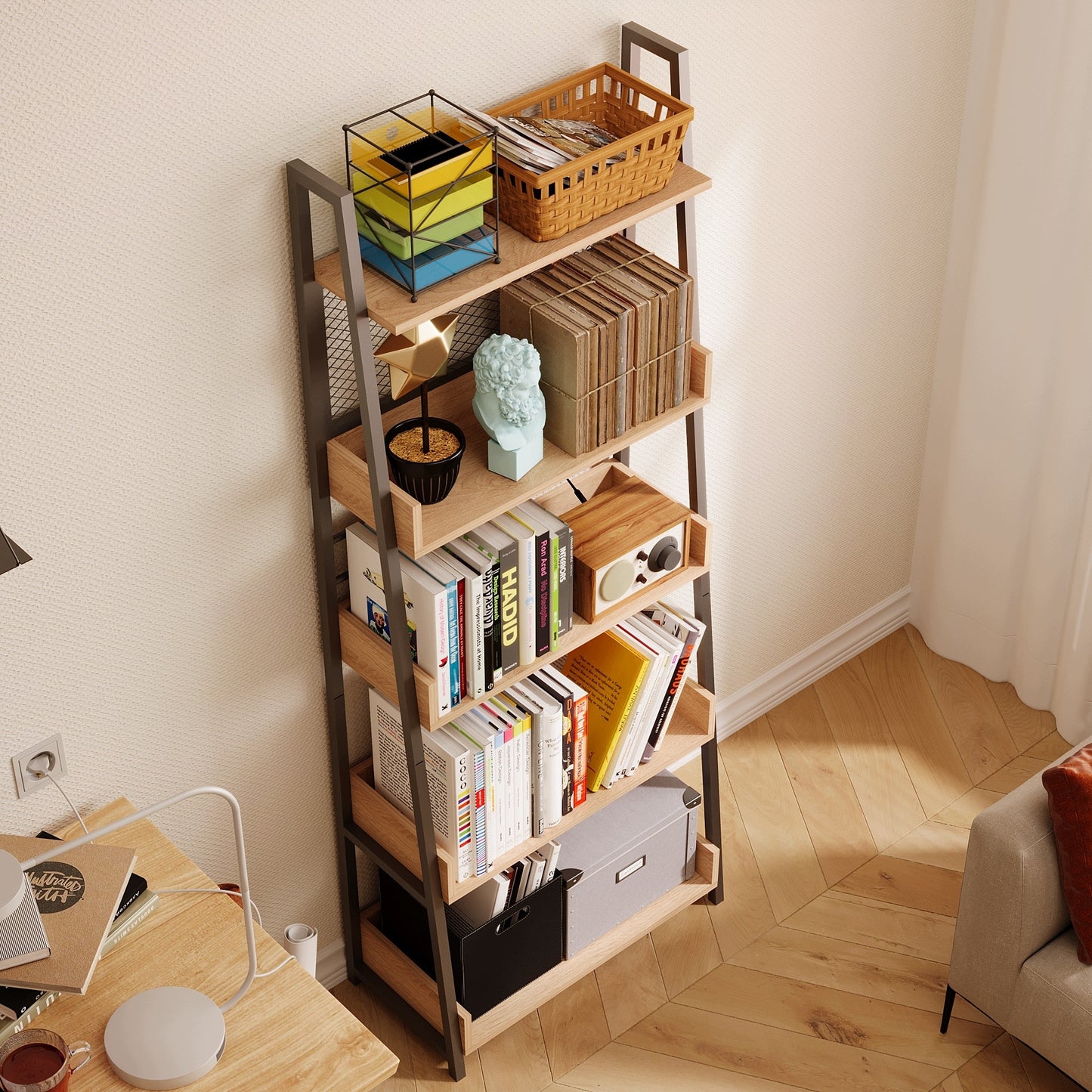 Biblioteca Tip Scara Stil Industrial cu 5 Rafturi Stejar si Metal, 63x30x158 cm