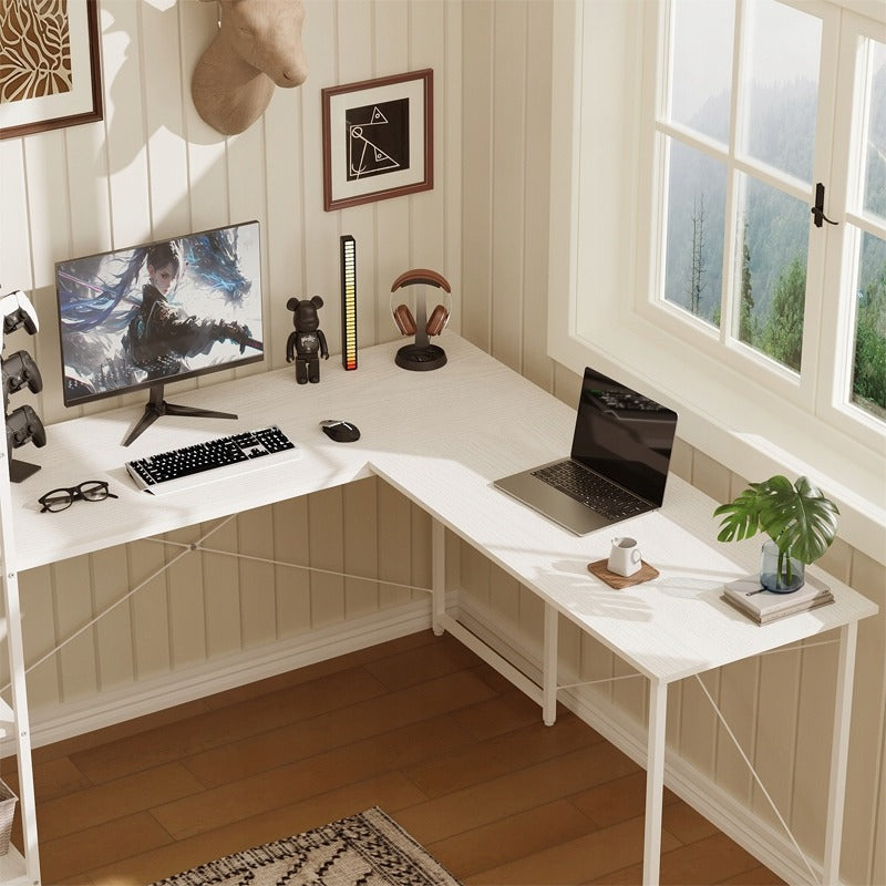 Birou de Colt pentru Computer cu Biblioteca si Rafturi, Alb, 144x51.5 cm, Stil Loft