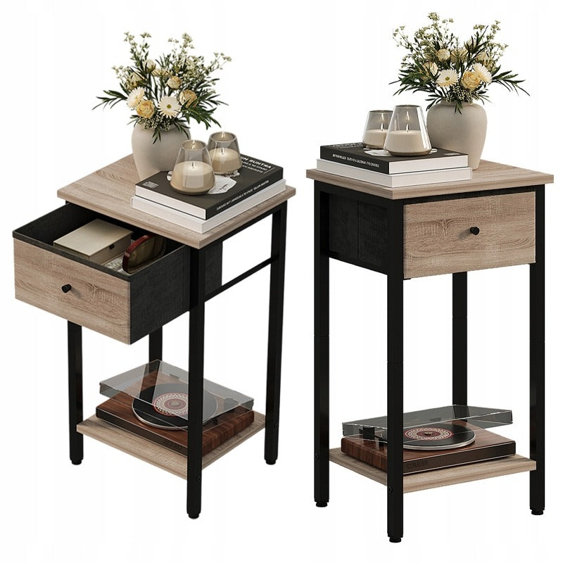 Noptiera Stil Loft cu Sertar si Raft, Maro Deschis si Metal, 38x28x51 cm, Dormitor / Living