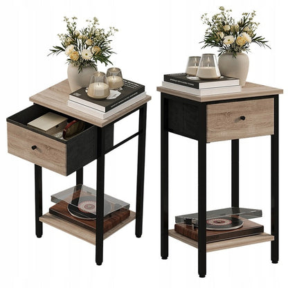 Noptiera Stil Loft cu Sertar si Raft, Maro Deschis si Metal, 38x28x51 cm, Dormitor / Living