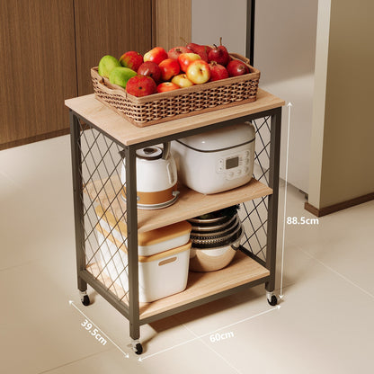 Carucior de Bucatarie Mobil pe Roti Stil Loft Maro Deschis si Metal, 60x40x89 cm