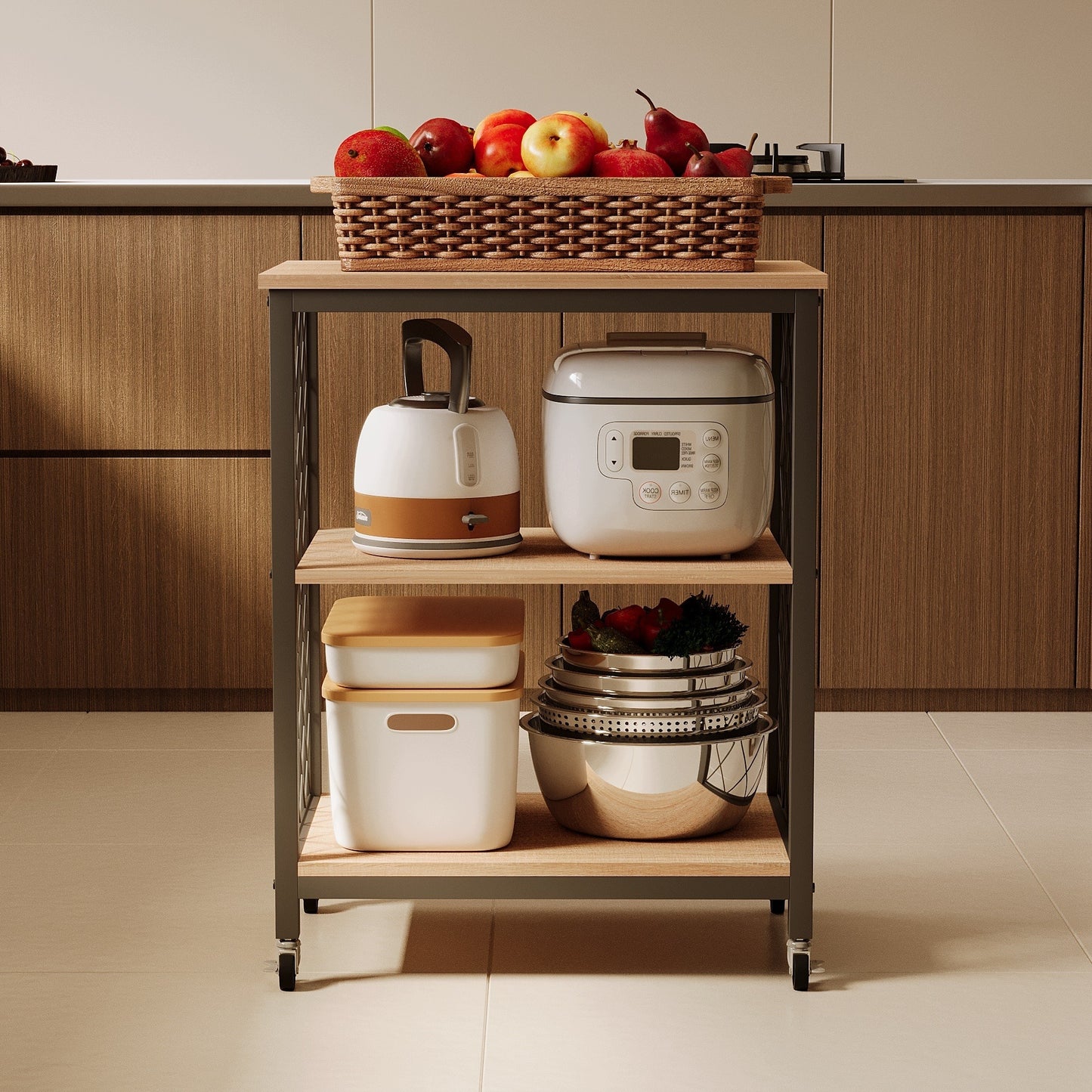 Carucior de Bucatarie Mobil pe Roti Stil Loft Maro Deschis si Metal, 60x40x89 cm