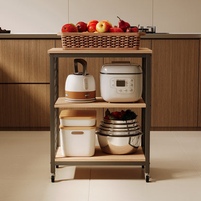 Carucior de Bucatarie Mobil pe Roti Stil Loft Maro Deschis si Metal, 60x40x89 cm