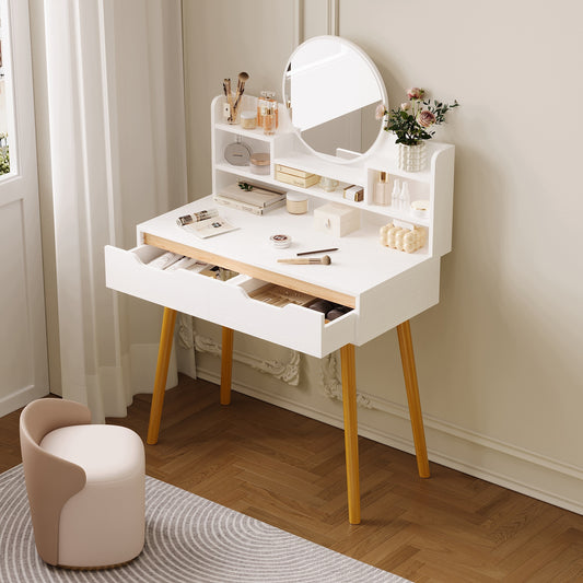 Masuta de Toaleta pentru Machiaj Stil Scandinav Alb Mat, Oglinda Rotunda si Sertar, 80 cm