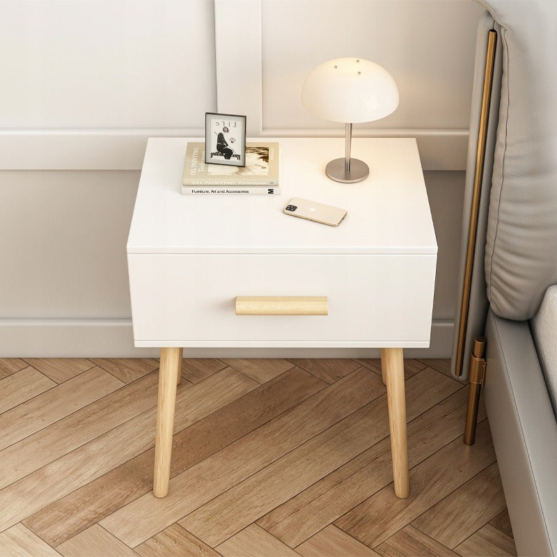 Masă noptieră 45 cm – alb, MDF + lemn, stil modern