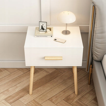 Masă noptieră 45 cm – alb, MDF + lemn, stil modern