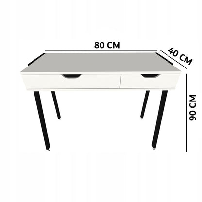 Birou Modern Compact cu 2 Sertare din MDF Alb Mat si Metal Negru, 80x40x90 cm