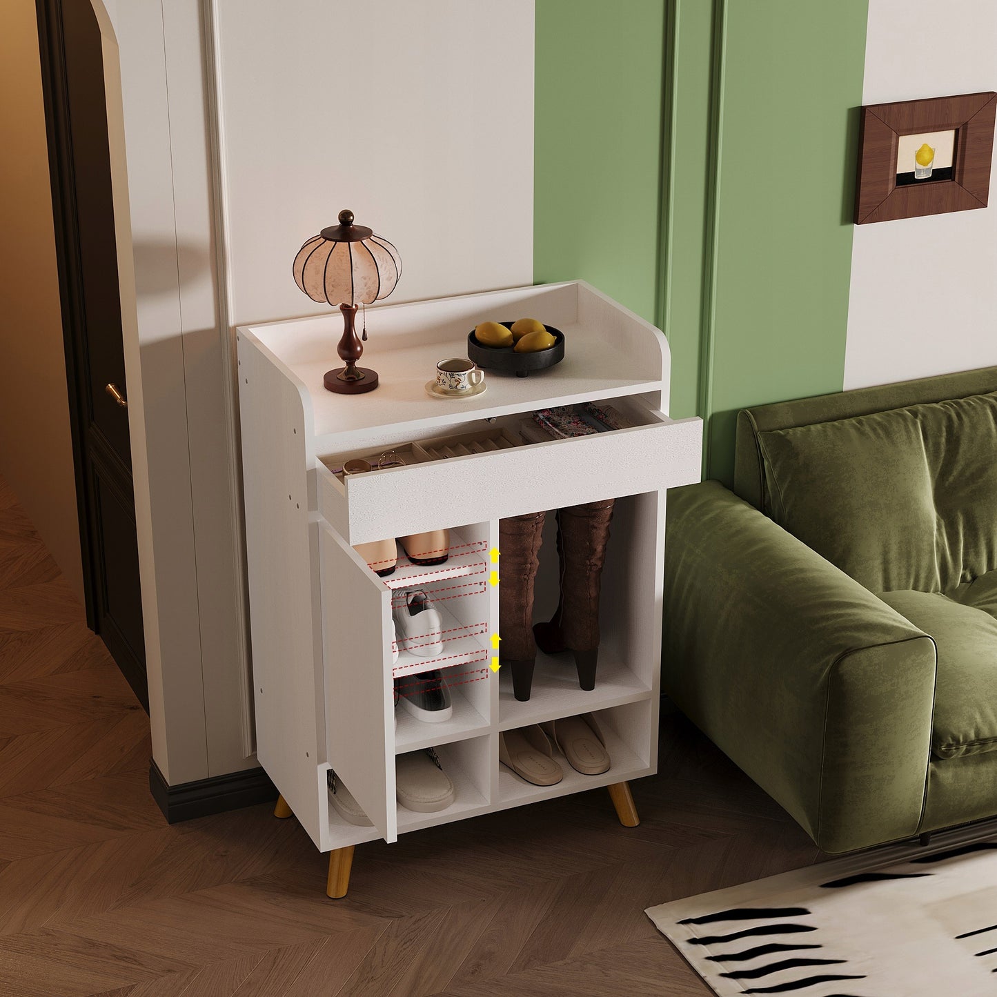 Dulap pentru Pantofi din Lemn Alb Mat cu Sertar si Usi, Comoda Hol 60x32x90 cm