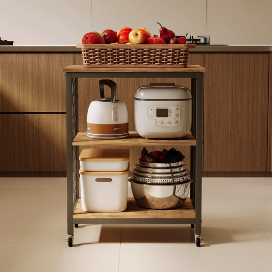Carucior de Bucatarie Mobil pe Roti Stil Loft Maro Inchis si Metal, 60x40x89 cm