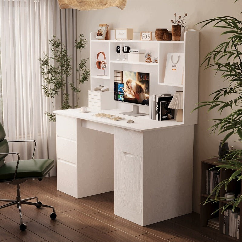 Birou Alb cu Extensie si Rafturi, Masa PC cu 4 Sertare, Textura Lemn, 130x50x148 cm