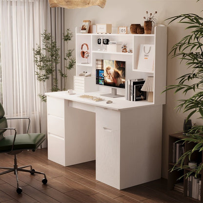 Birou Alb cu Extensie si Rafturi, Masa PC cu 4 Sertare, Textura Lemn, 130x50x148 cm