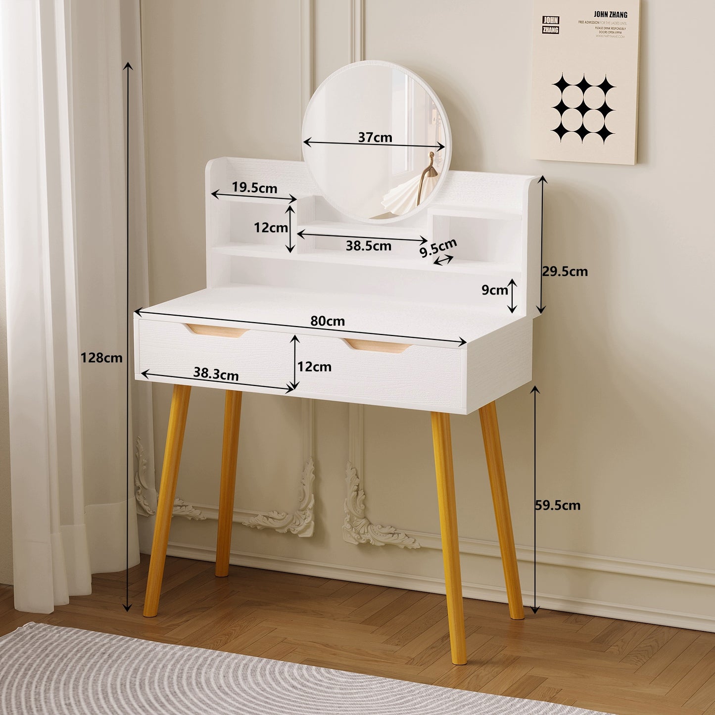 Masuta de Toaleta pentru Machiaj Stil Scandinav Alb Mat, Oglinda Rotunda si Sertar, 80 cm