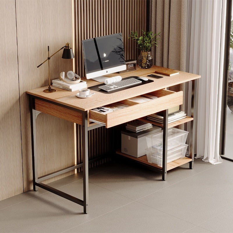 Birou Computer Stil Industrial Loft cu Sertare, Stejar Deschis si Cadru Metalic Negru, 120x60x76 cm