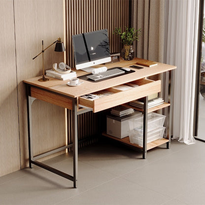 Birou Computer Stil Industrial Loft cu Sertare, Stejar Deschis si Cadru Metalic Negru, 120x60x76 cm