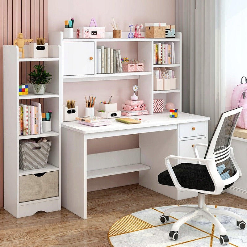 Birou cu Biblioteca Integrata 120x45x146 cm, Alb, Ansamblu cu 7 Rafturi din MDF