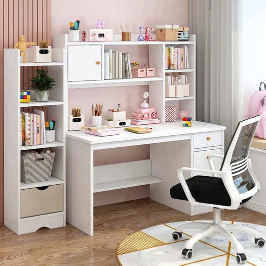 Birou cu Biblioteca Integrata 120x45x146 cm, Alb, Ansamblu cu 7 Rafturi din MDF