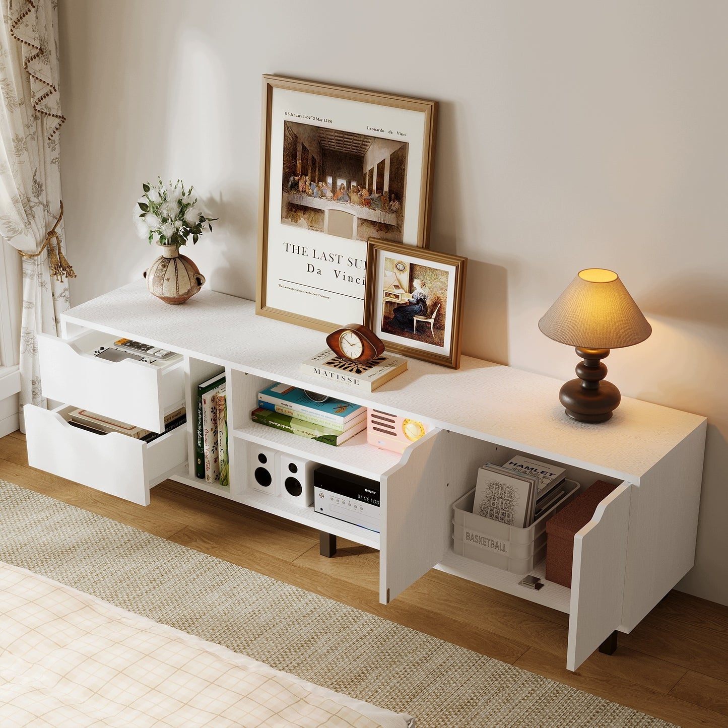 Comoda TV Stil Scandinav Alb Mat cu Sertare si Ușa, Stand TV Living, 140x30x41 cm