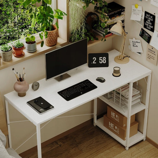 Birou Calculator Stil Loft cu Rafturi, Alb complet, MDF si Metal, 120x48 cm, Tineret