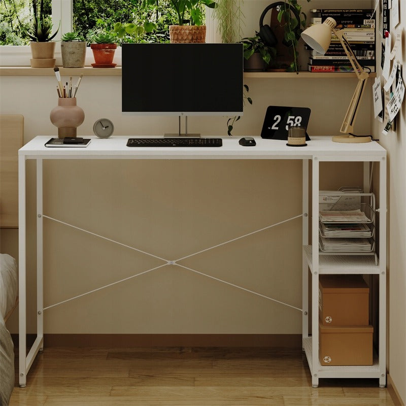 Birou Calculator Stil Loft cu Rafturi, Alb complet, MDF si Metal, 120x48 cm, Tineret
