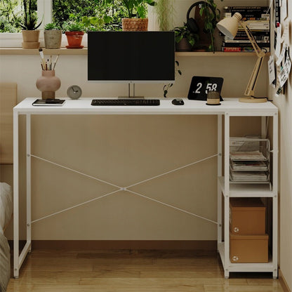 Birou Calculator Stil Loft cu Rafturi, Alb complet, MDF si Metal, 120x48 cm, Tineret