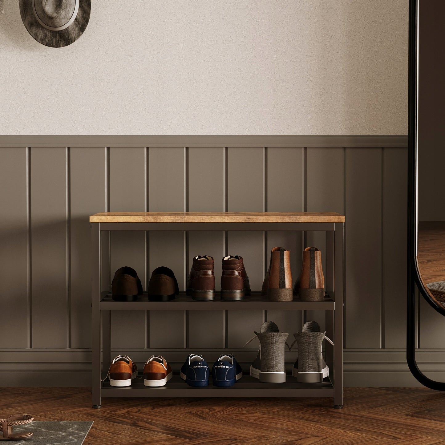 Banca pentru Hol cu Pantofar Stil Industrial Loft, Maro Rustic si Metal, 60x30x50 cm